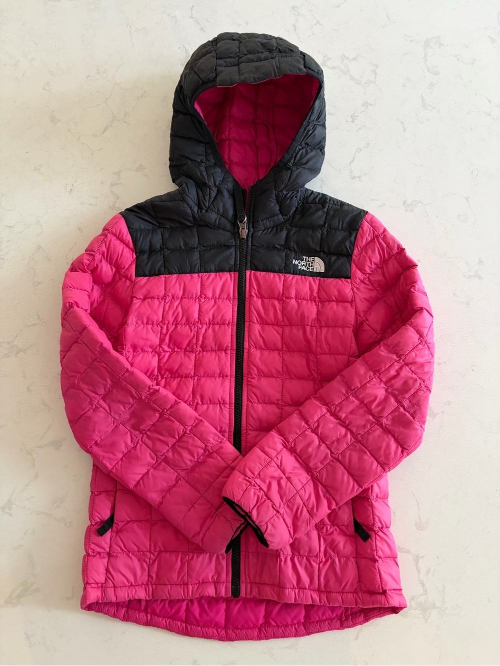 The North Face Girls' Hot Pink and Black thermoball Hooded Puffer Jacket
